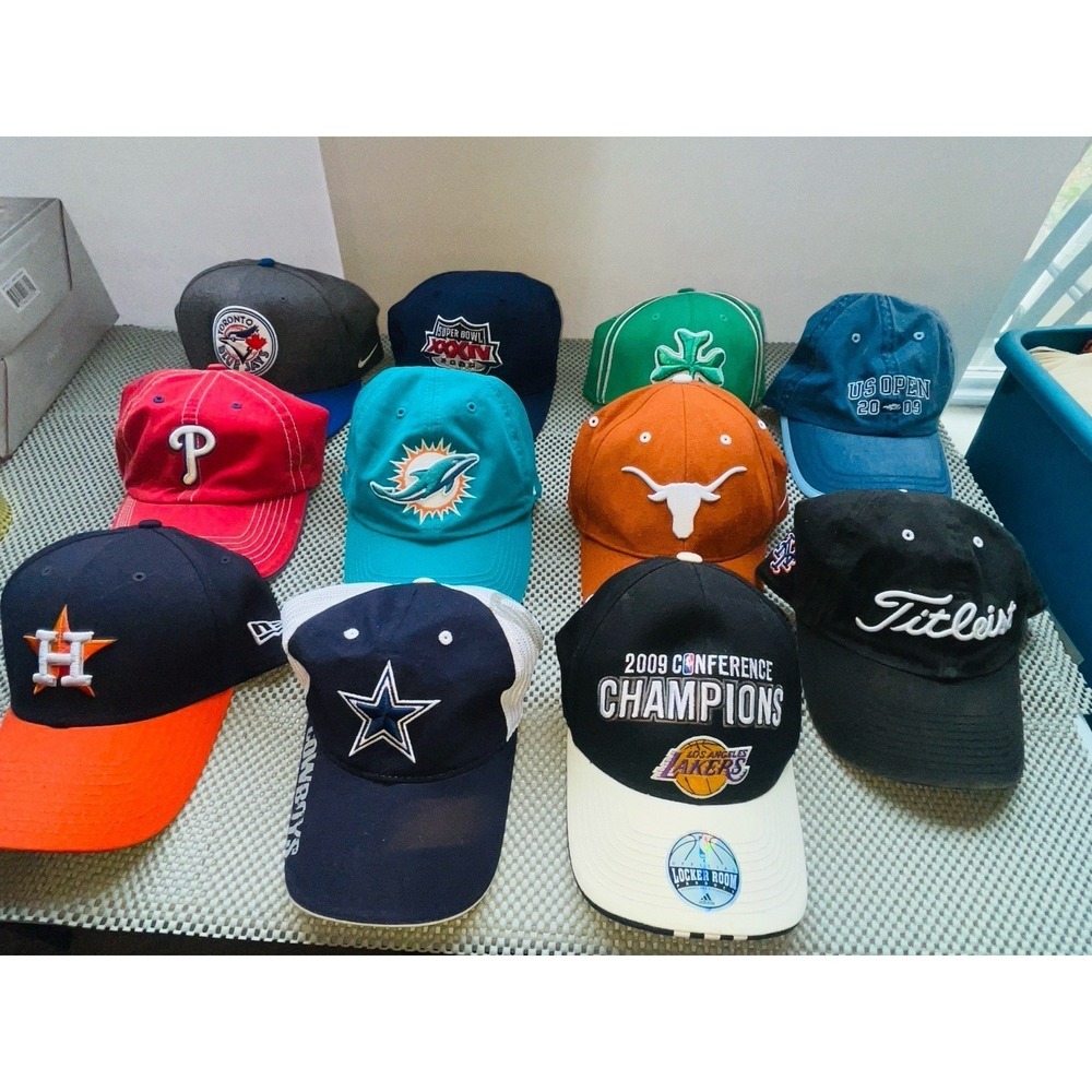 Sports Hat Lot 11pc Cowboys Lakers Astros Phillies Titleist Dolphins VTG Lot